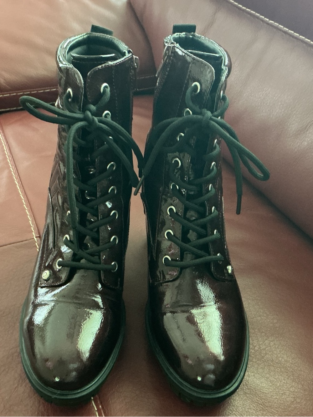 Women’s Lace-Up Patent Leather Ankle Boots in Burgundy by GUESS